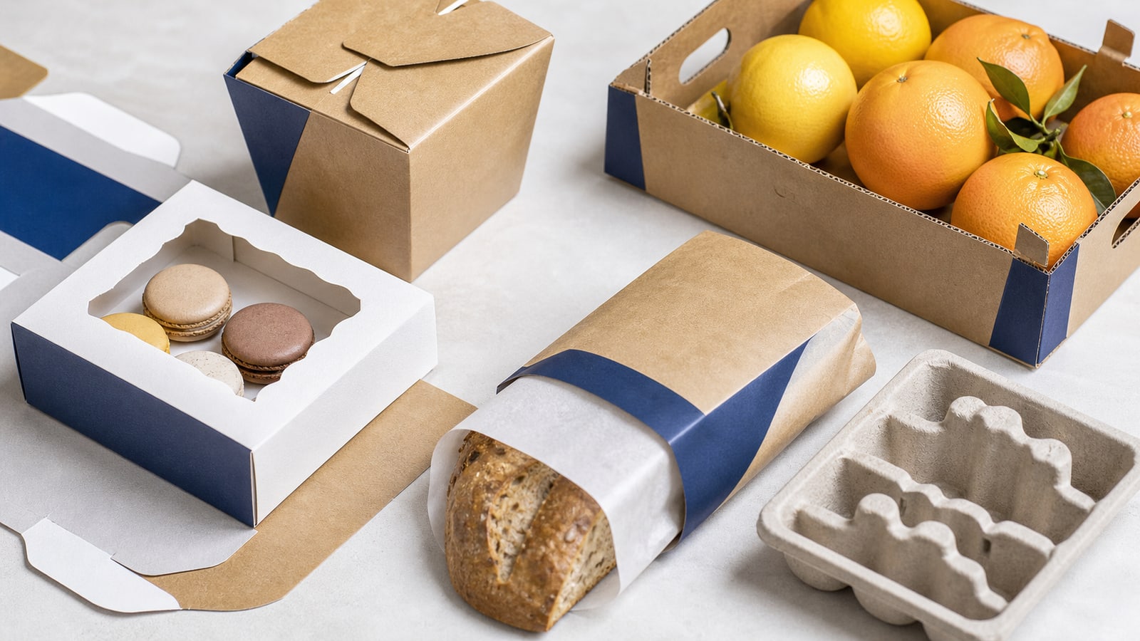 Assortiment d’emballages alimentaires en carton et fibres moulées