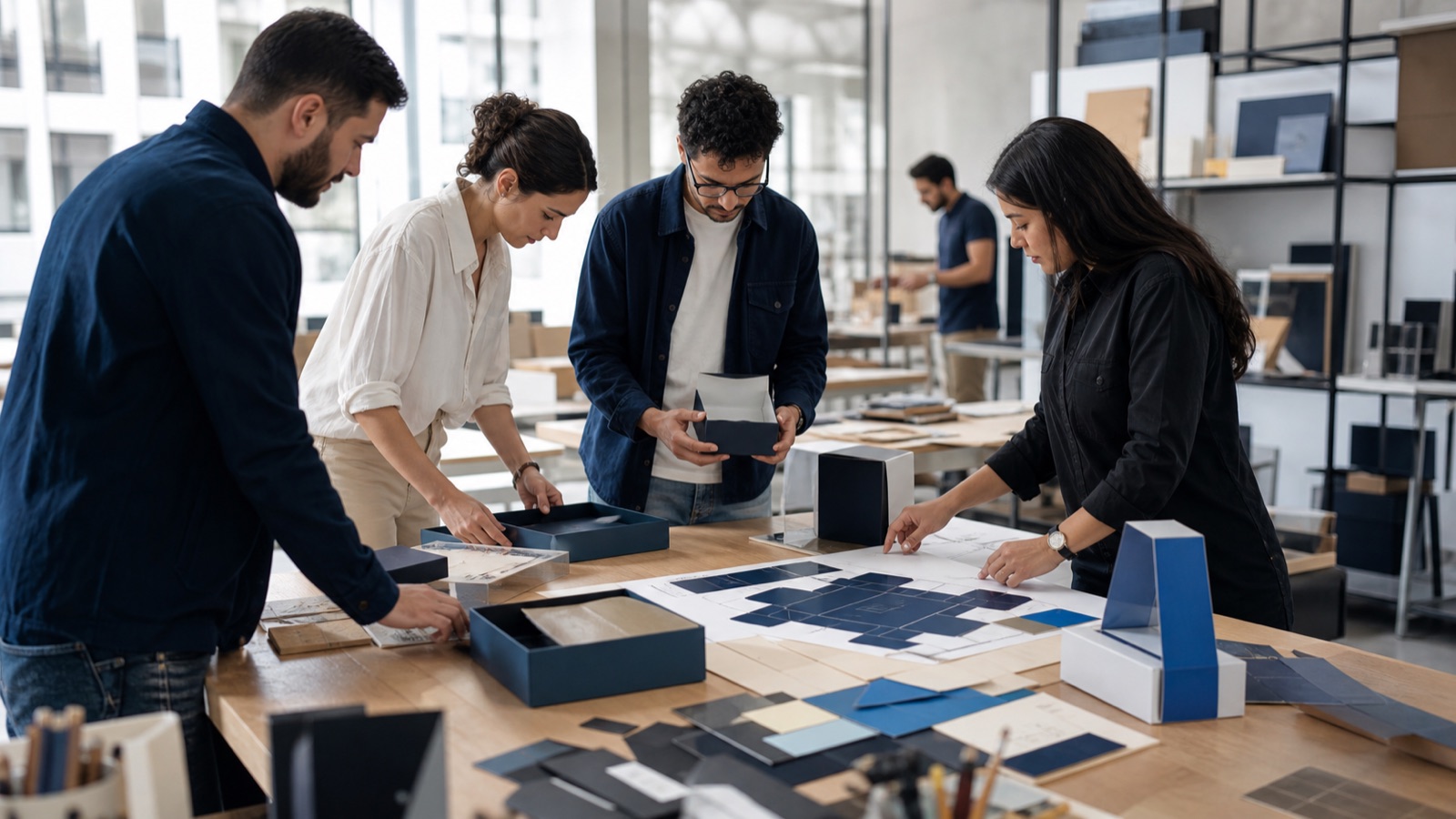 Équipe de conception réunie autour de prototypes de packaging