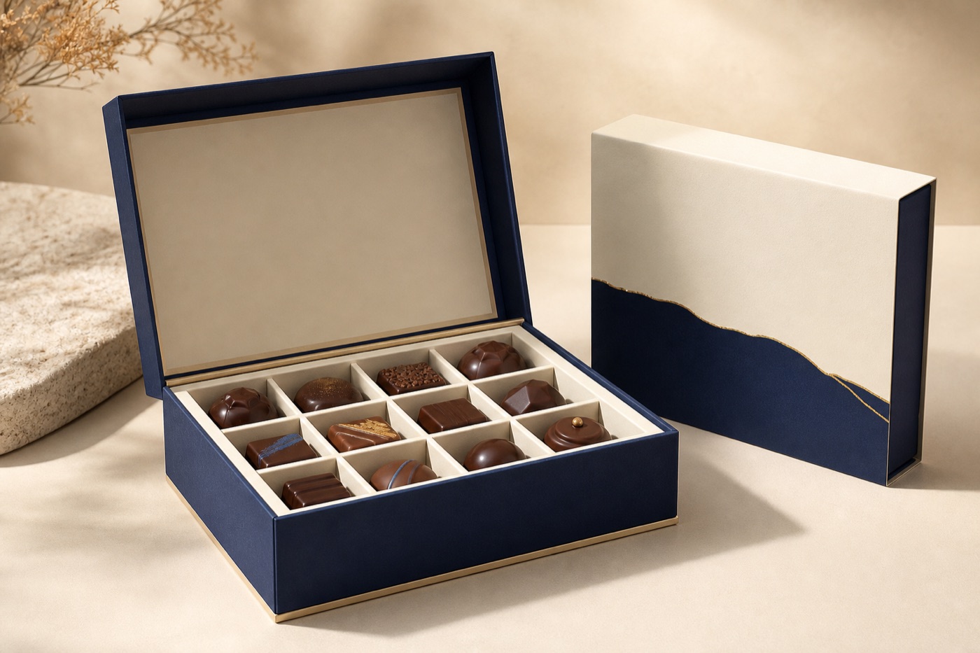 Coffret chocolat bleu nuit et crème avec compartiments