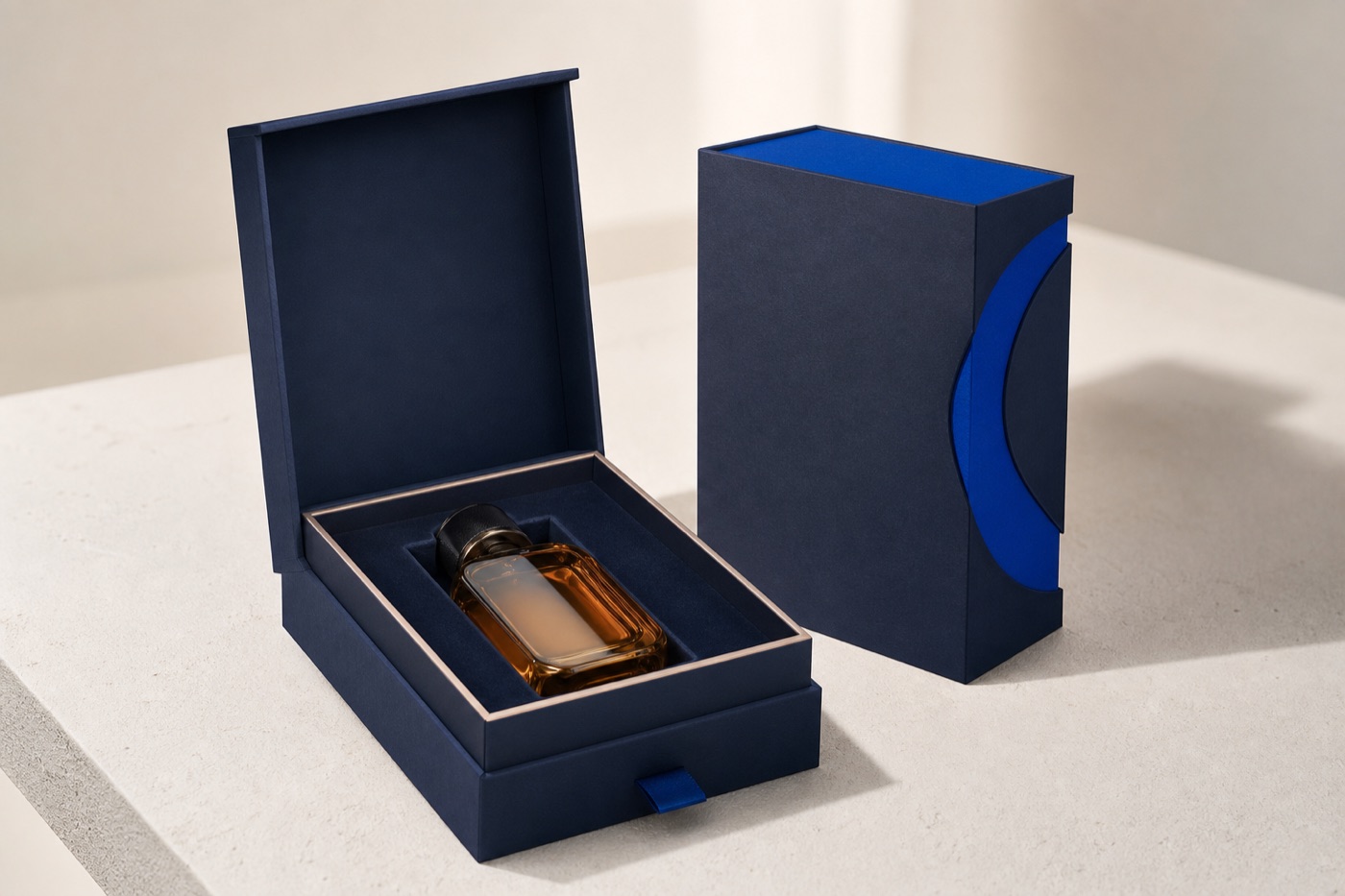 Coffret rigide bleu nuit avec flacon de parfum et calage sur mesure